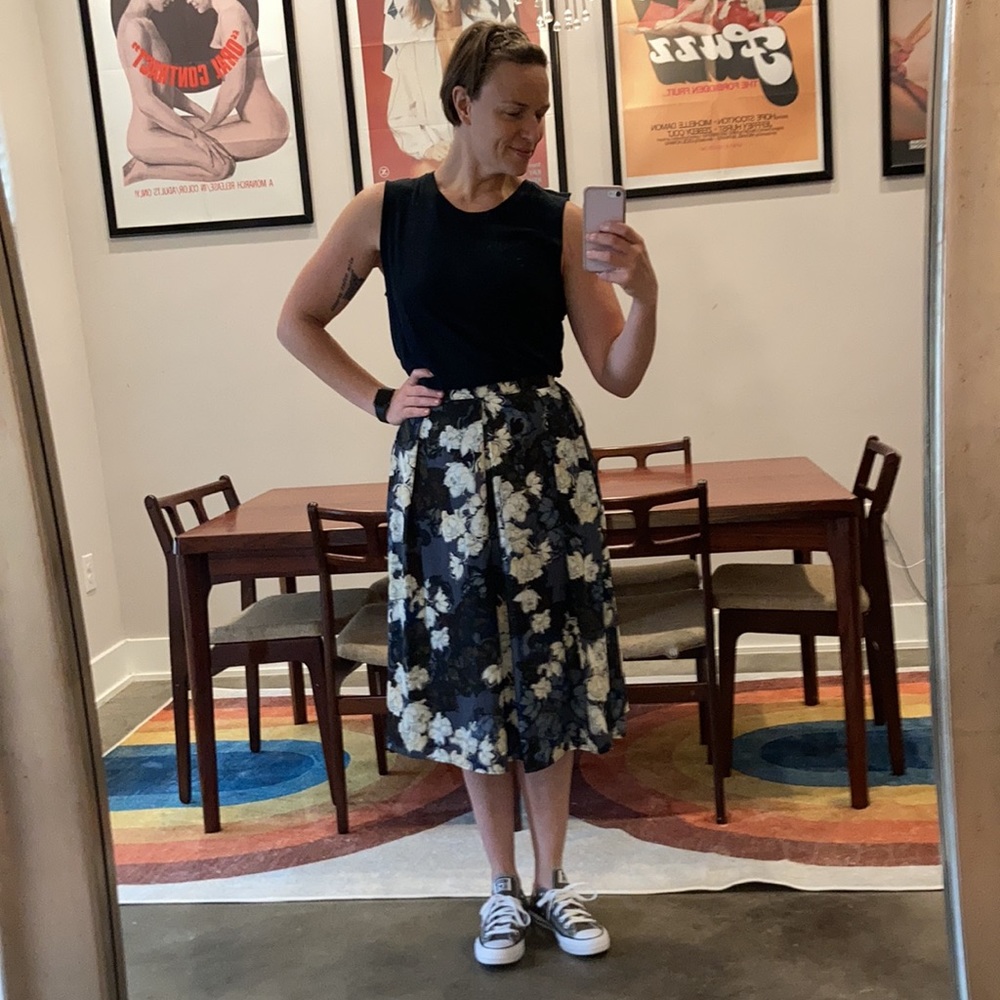 Beautiful blue, cream, brown floral midi skirt